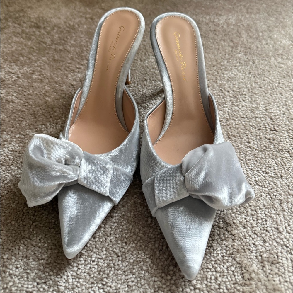 Gianvito Rossi Silver Velvet Mules with Bow